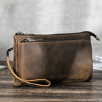 Vintage brown Crazy Horse leather tech organizer wristlet front view