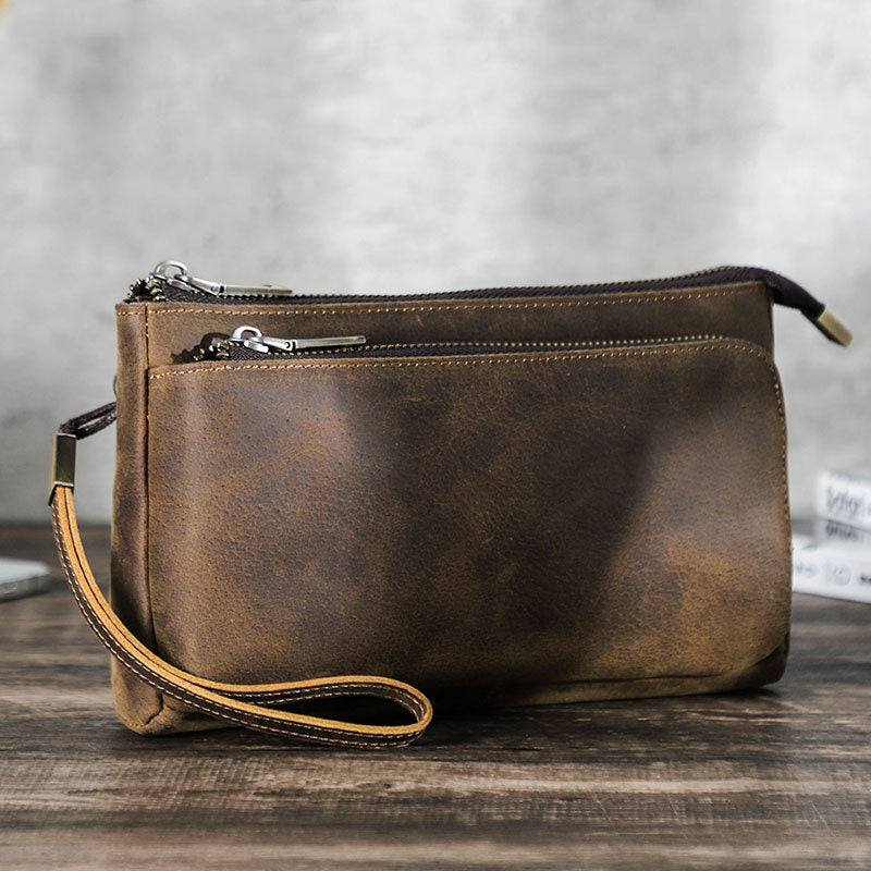 Vintage brown Crazy Horse leather tech organizer wristlet front view
