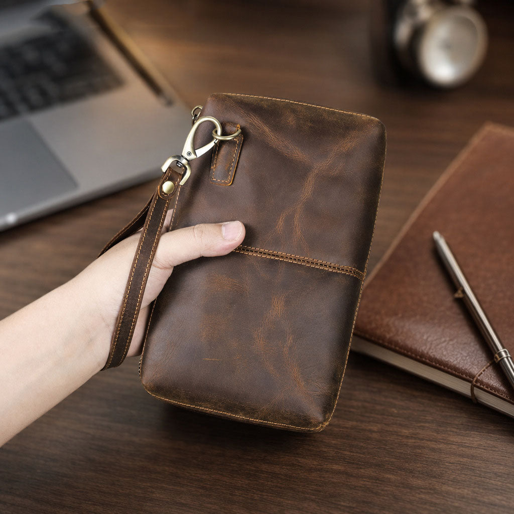 Vintage brown Crazy Horse leather tech organizer wristlet