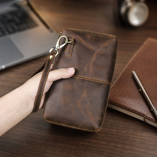 Vintage brown Crazy Horse leather tech organizer wristlet
