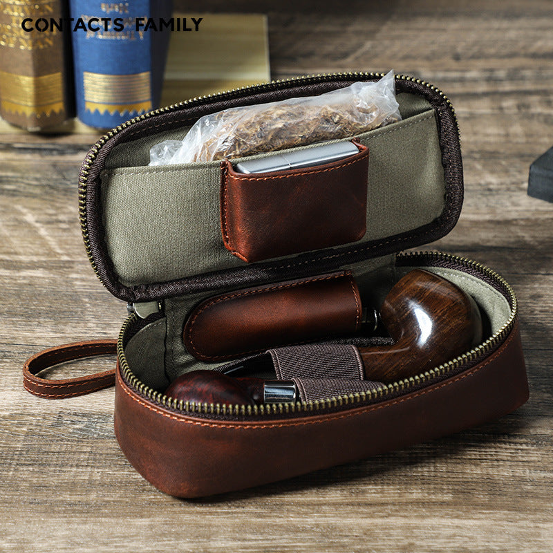 Brown leather tobacco pipe travel case with two pipe holders