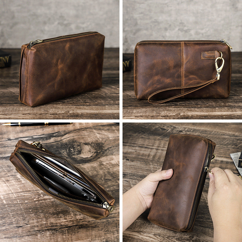 Brown leather wristlet organizer with rear zipper pocket