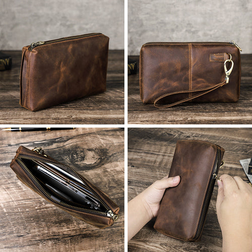 Brown leather wristlet organizer with rear zipper pocket