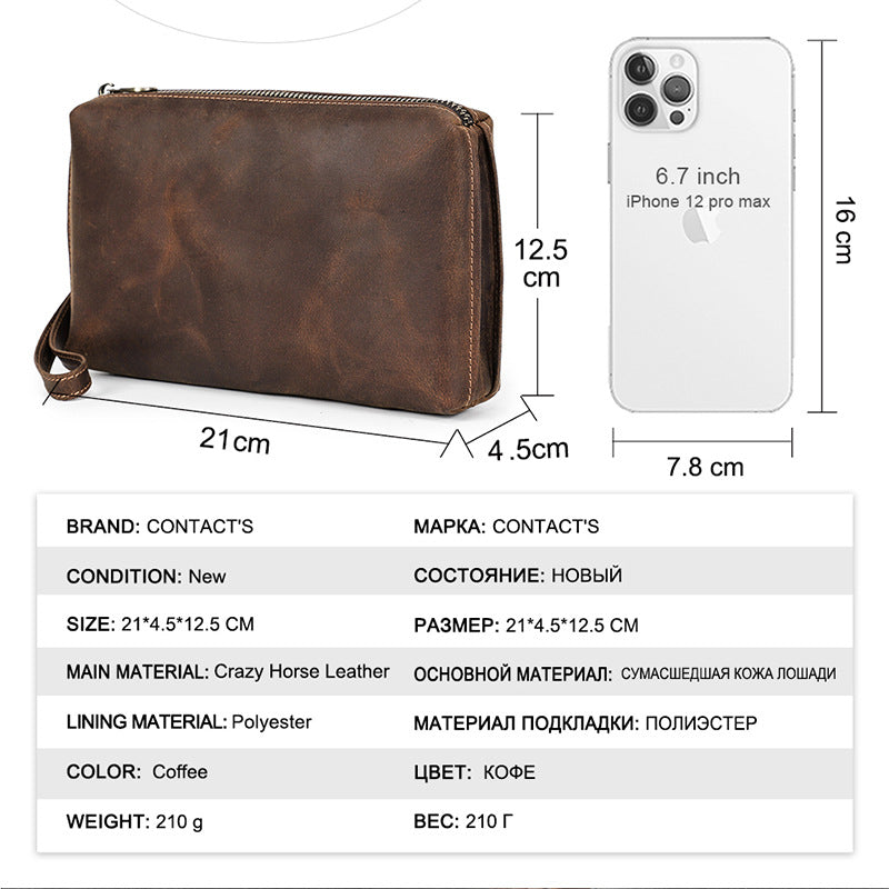 Leather tech pouch side profile showing compact design