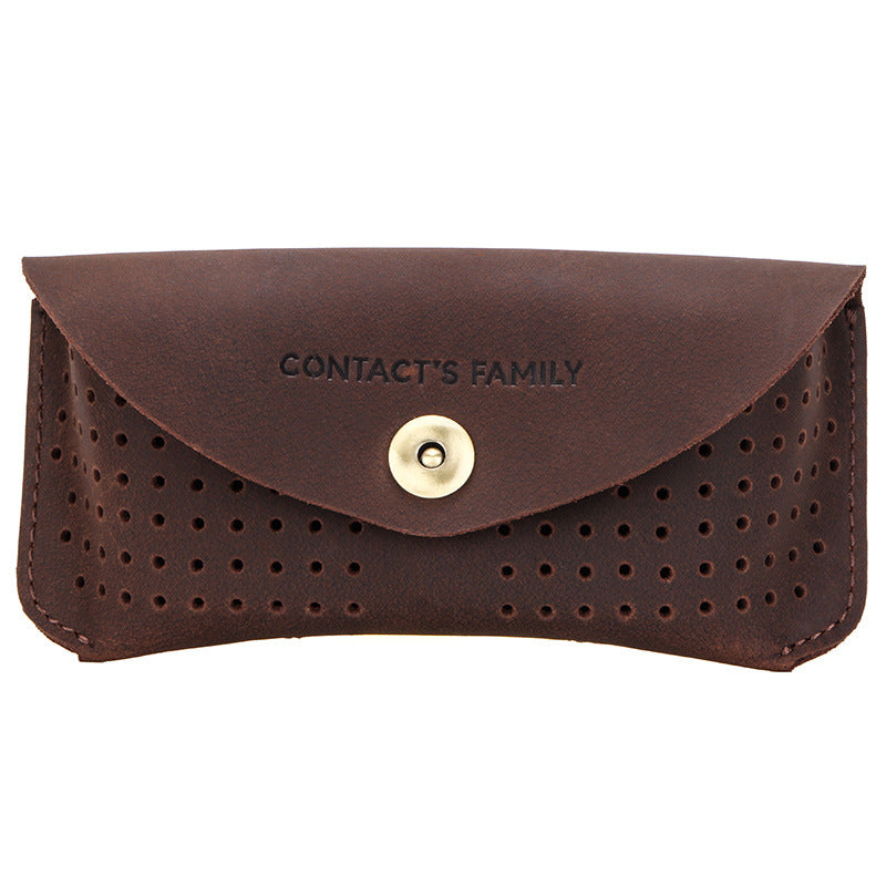 Perforated Leather Glasses Case Vintage Cowhide Eyewear Pouch with Snap Closure