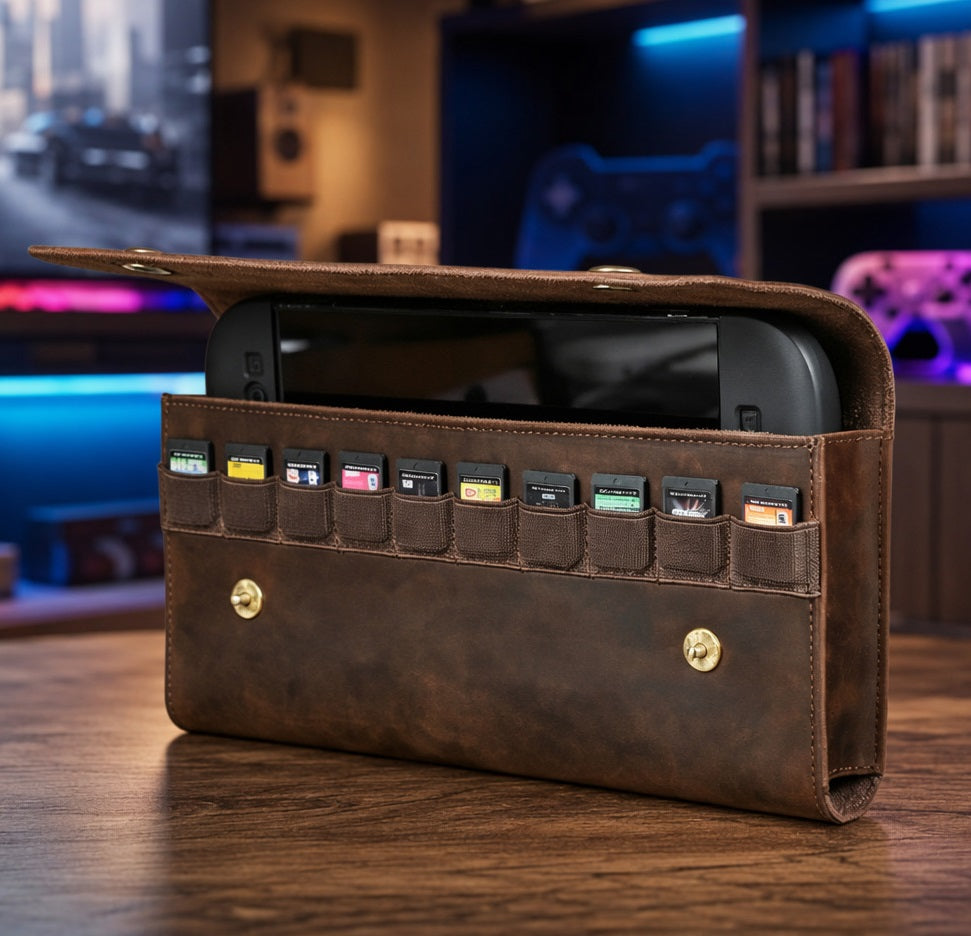 Genuine Leather Carrying Case Compatible with Nintendo Switch 2 – Handmade Game Storage Bag