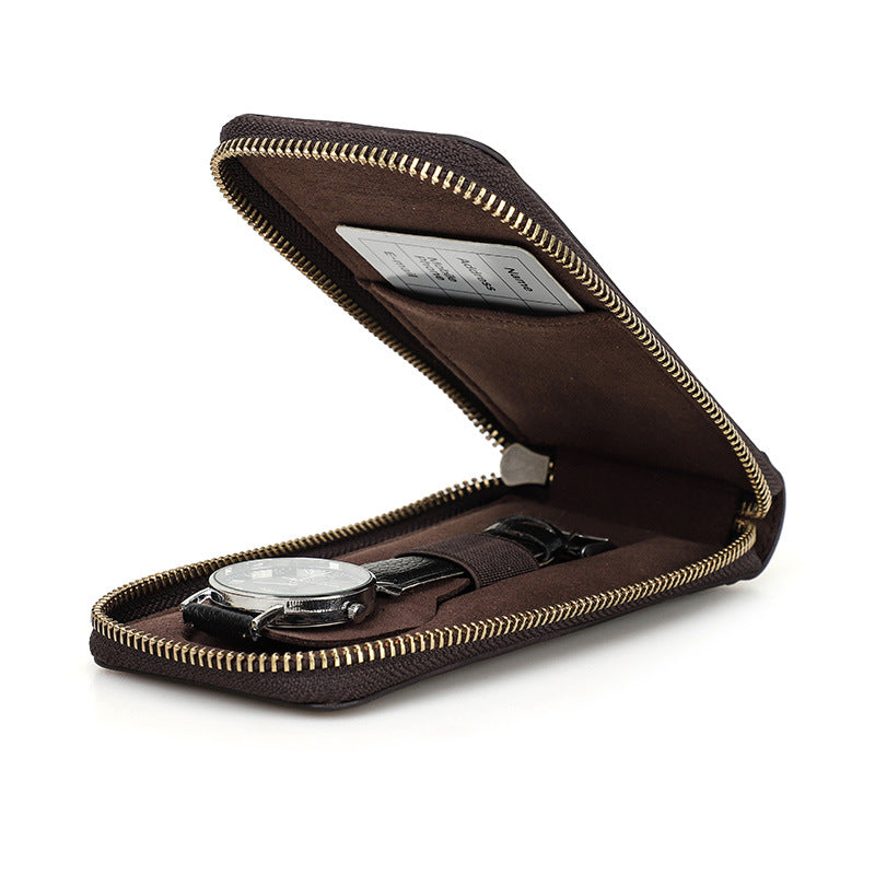 Single wristwatch stored inside a leather travel case