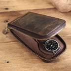 Brown leather watch travel case with metal zipper